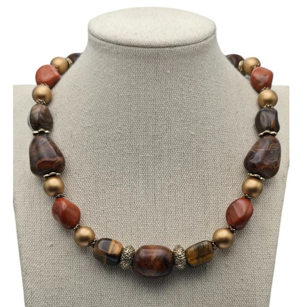 Earthy Semi Precious Stones & Golden Beads Statement Necklace - Boho Chic
